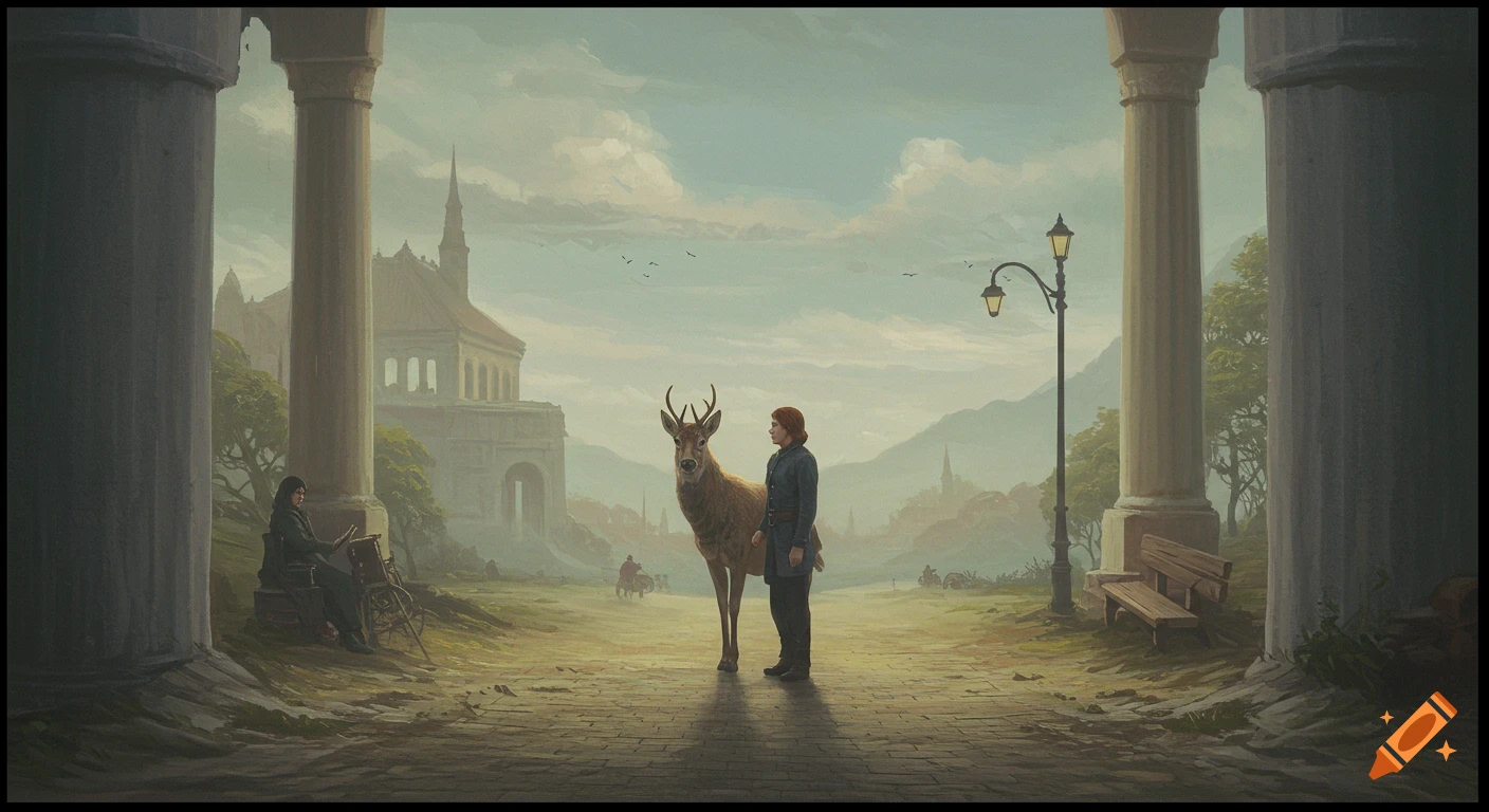 A man and a deer stand on a path between grand columns, with classical buildings and mountains in a hazy, painterly landscape.