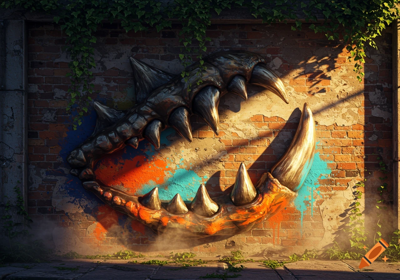 A detailed 3D graffiti art of a metallic monster jaw with sharp teeth on an old brick wall, bathed in sunlight with ivy.