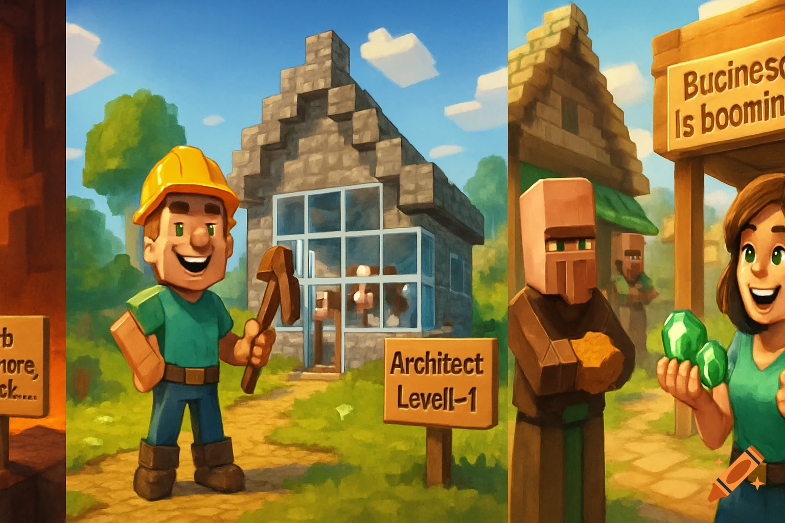 A panoramic Minecraft-style scene with three zones: a character falling into lava, a builder in front of an ugly house, and a woman trading emeralds with villagers.