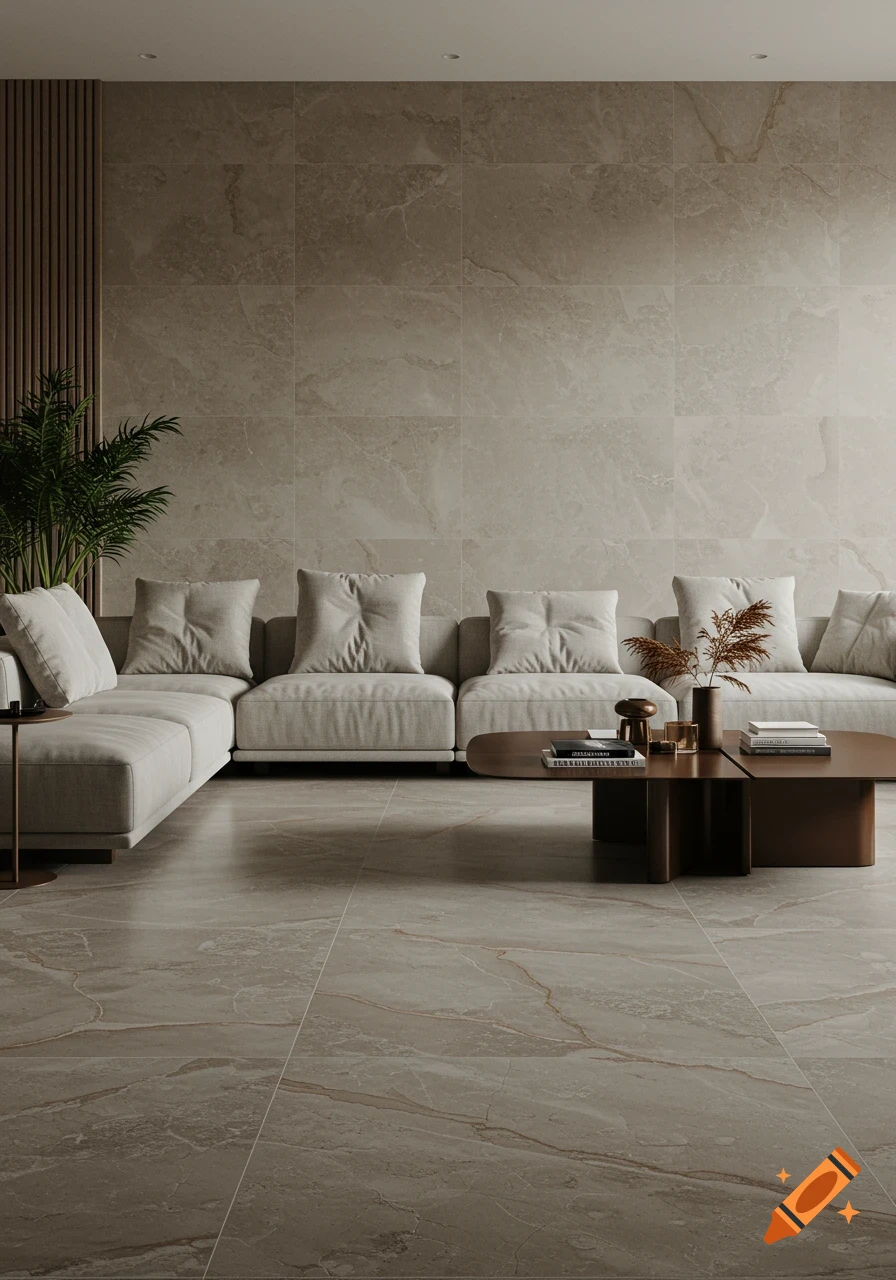 A modern living room with a light gray L-shaped sofa, a brown coffee table, a tall plant, and light marble walls and floor.