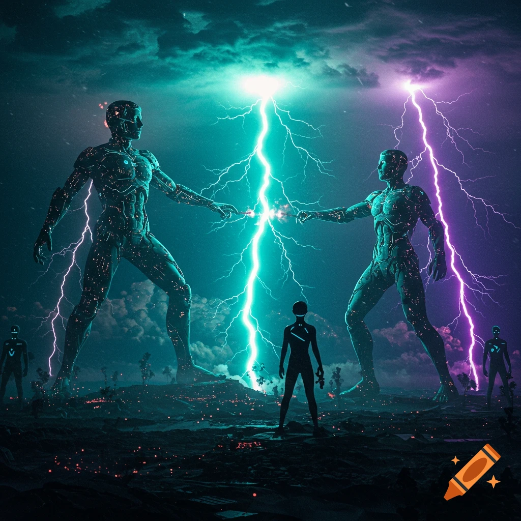 Two colossal circuit-patterned humanoids battle with electric energy under a stormy, lightning-filled sky; a smaller figure watches.