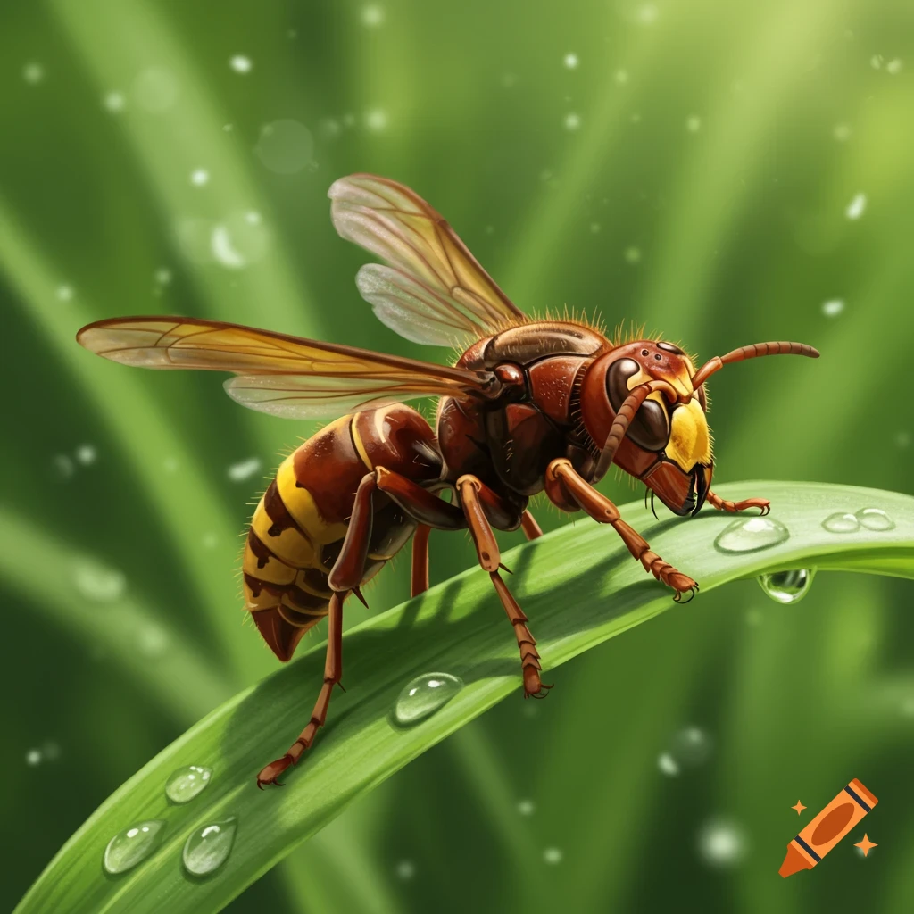 Close-up digital illustration of a hornet with amber wings on a green leaf with dewdrops