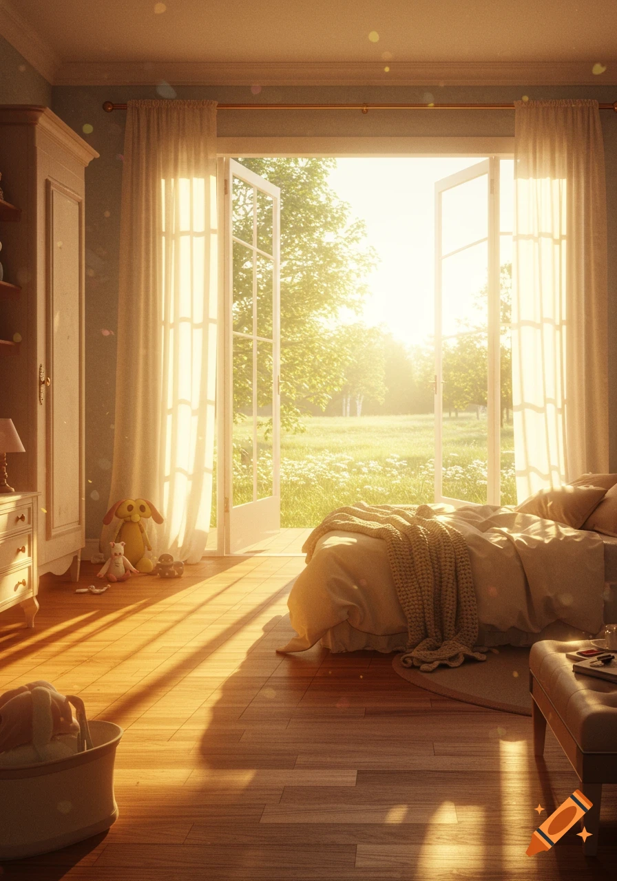 Sunlit, semi-realistic bedroom with open doors to a bright green field. A cozy bed and stuffed animals are bathed in warm light.