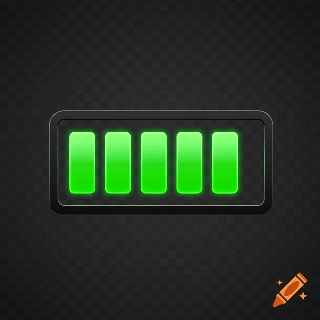 A glowing green battery icon with four full charge bars on a transparent background.