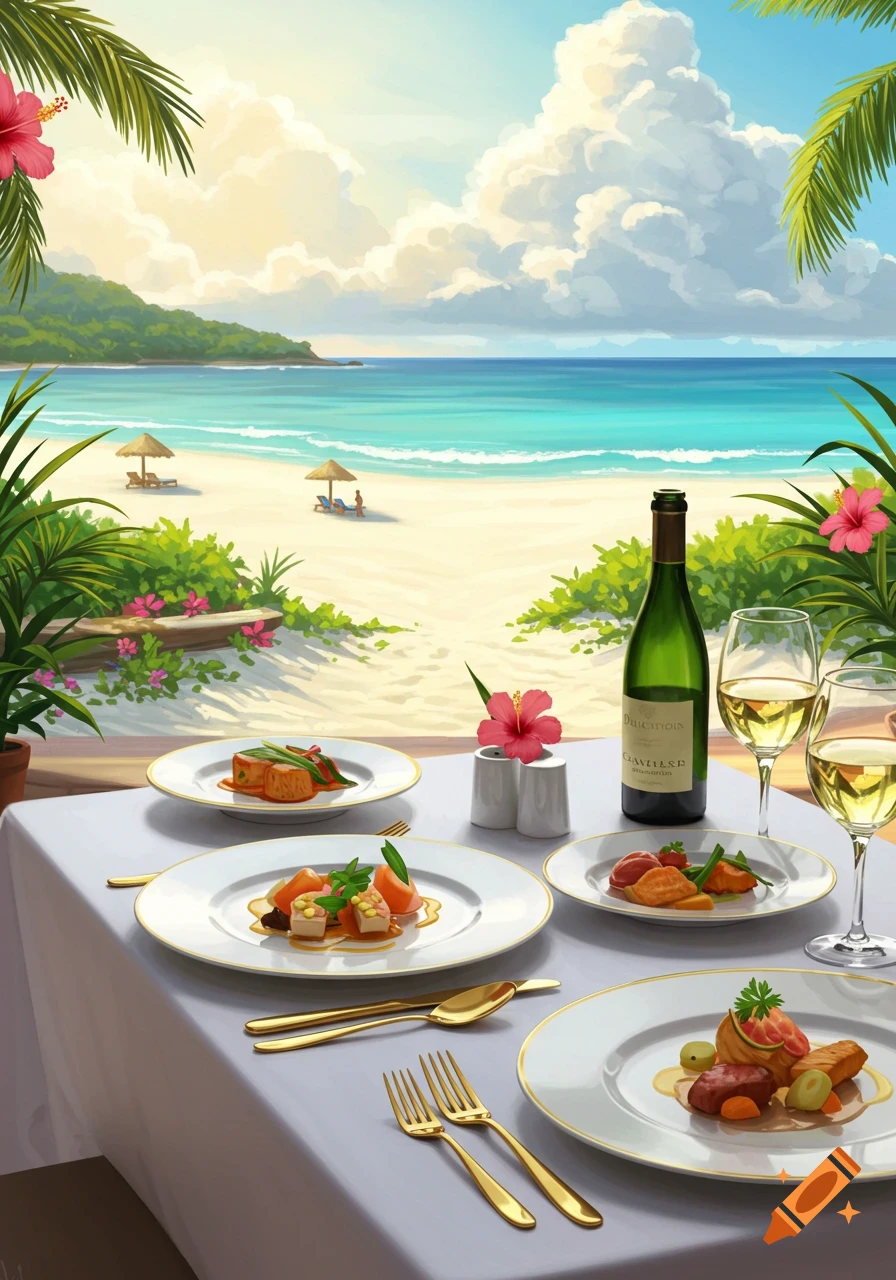An illustrated tropical beach scene with a table set for dining, featuring gourmet food, wine glasses, and gold cutlery overlooking the ocean.