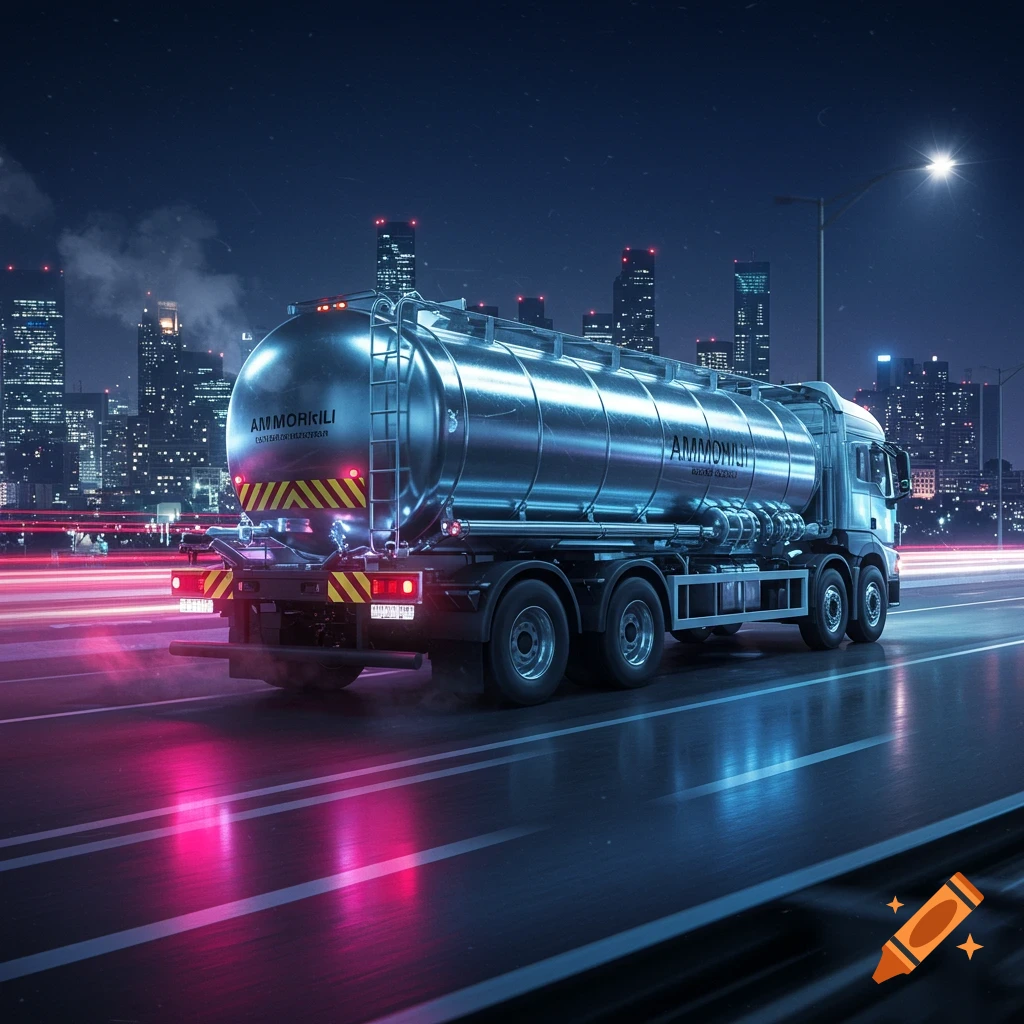 A metallic tanker truck drives on a multi-lane city highway at night, with blurred red and white light trails and a city skyline.