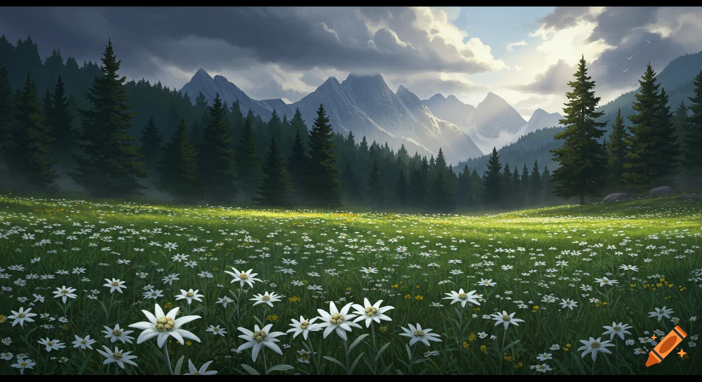 A semi-realistic landscape featuring a field of white edelweiss flowers, a pine forest, and mountains under a dramatic, sunlit sky.
