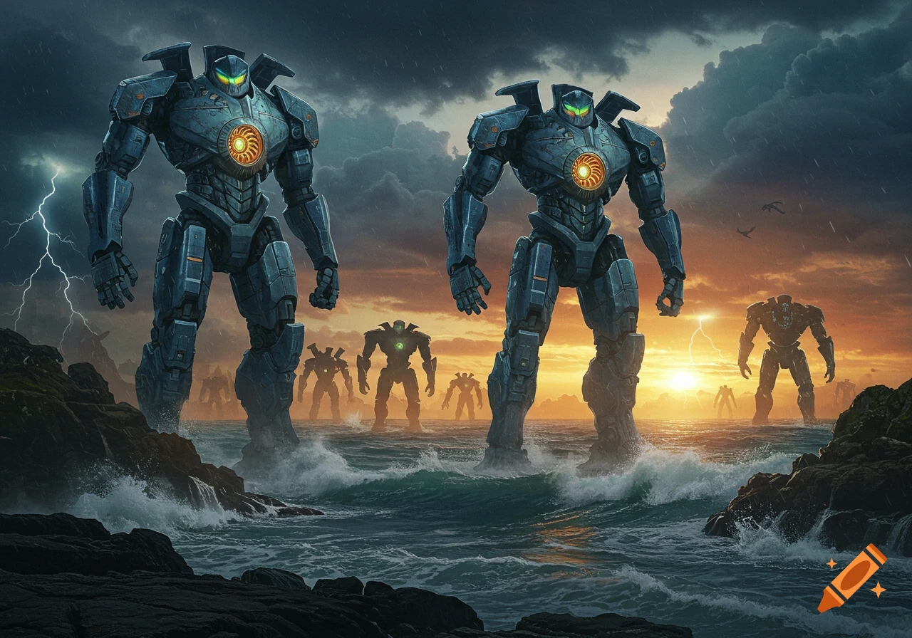Two giant blue robots stand in a stormy ocean with more robots in the distance, against a dramatic sunset and lightning.