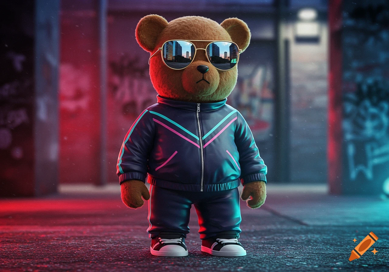 A brown teddy bear wearing gold sunglasses, a black and pink tracksuit, and sneakers stands in a neon-lit urban alley.