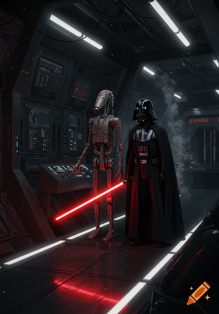 Darth Vader and a B1 battle droid stand in a dark spaceship corridor, Vader holding a red lightsaber.