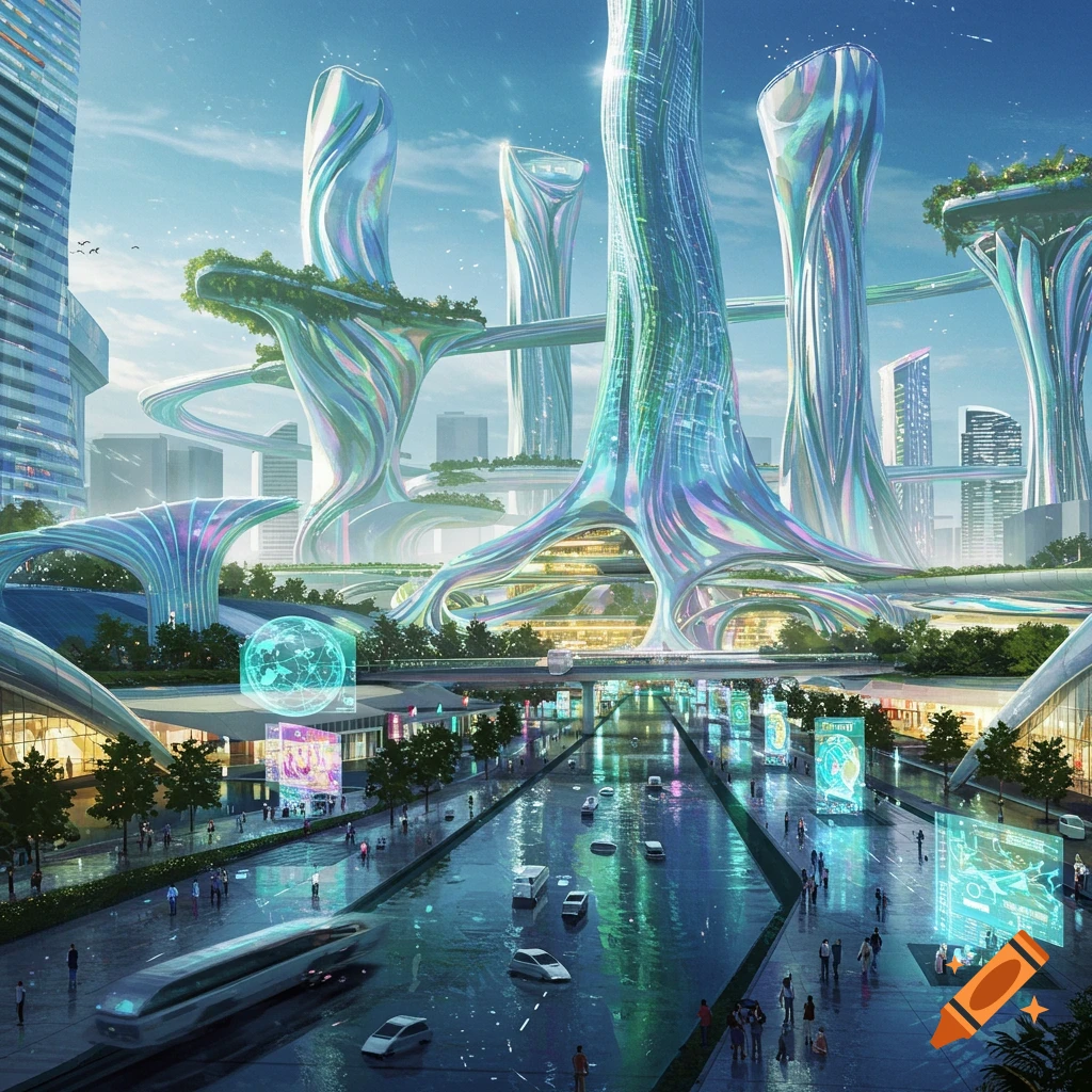 A vibrant, futuristic city with iridescent, organic-shaped skyscrapers, elevated walkways, and a sleek monorail gliding over a wide boulevard.