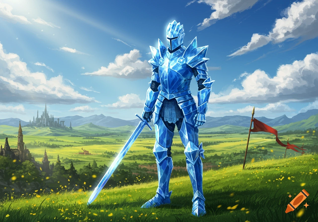 A blue crystal knight stands in a green field holding a glowing sword, with a fantasy castle and mountains behind him.