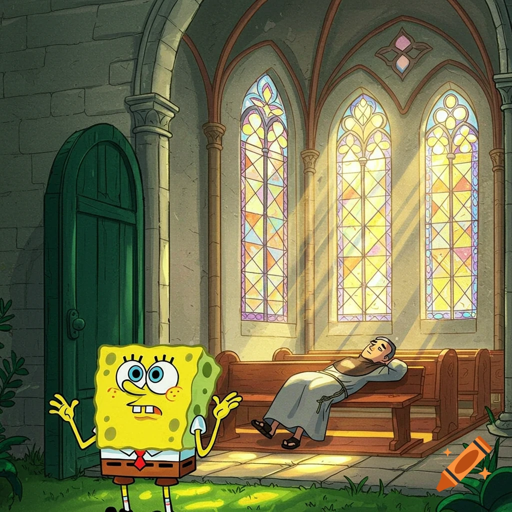 SpongeBob SquarePants looks confused at a monk sleeping on a pew in a colorful cartoon church with stained glass windows.