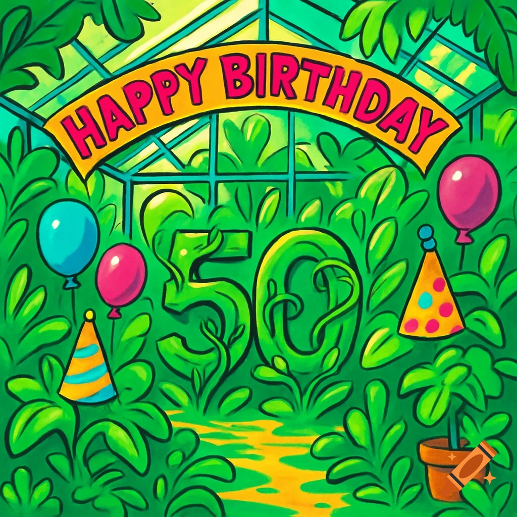 Comic art illustration of a greenhouse with lush green foliage, a "Happy Birthday" banner, party hats, balloons, and the number "50" formed by plants.