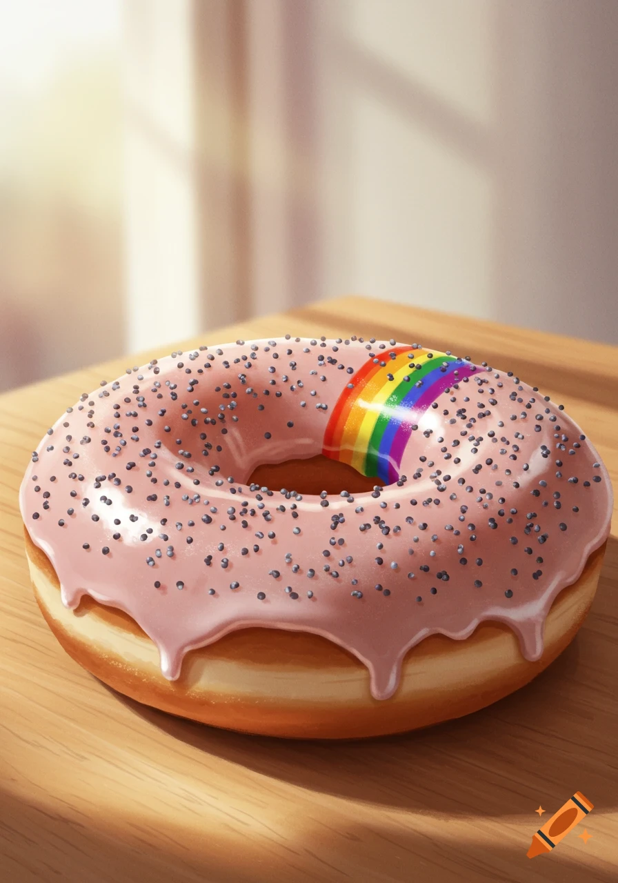 A photorealistic donut with pink icing and sprinkles, featuring a rainbow-striped candy piece on top, on a wooden surface.