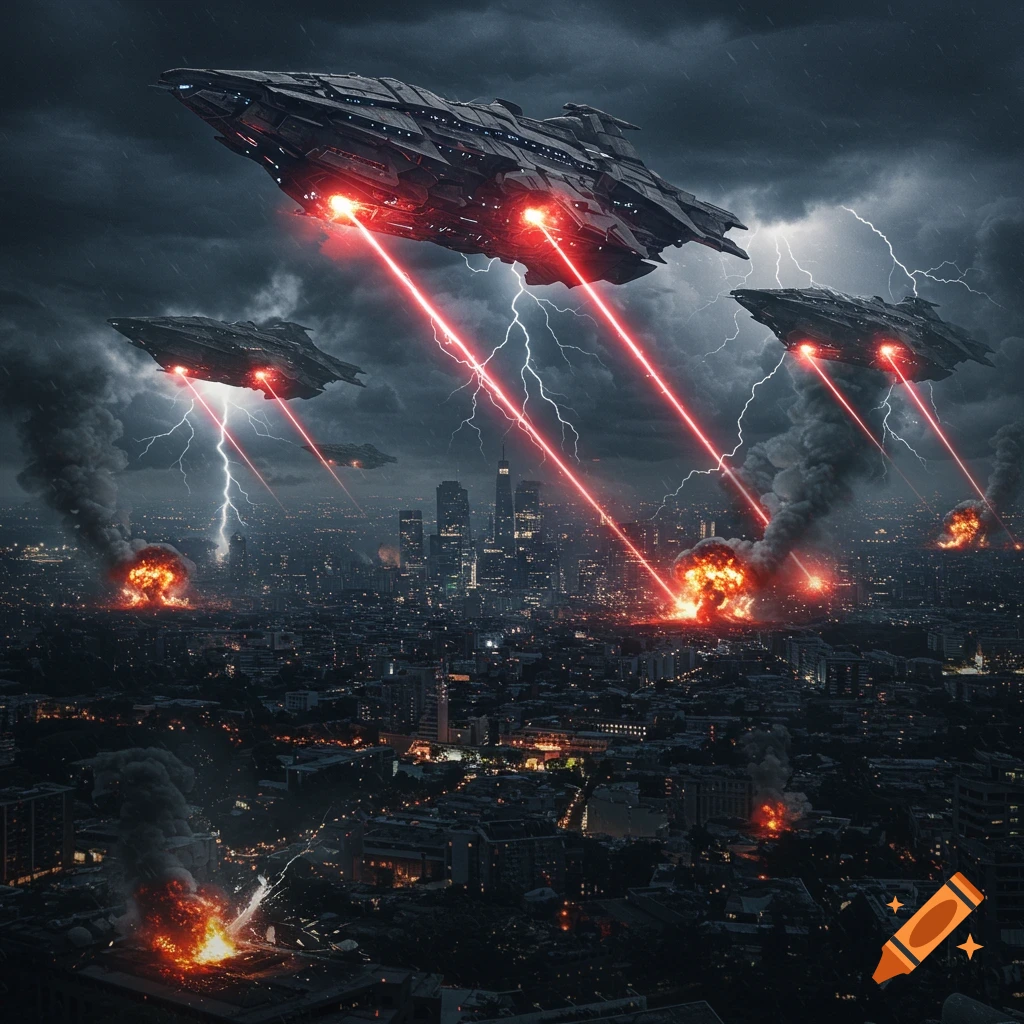 Alien spaceships attack a city with red lasers under a stormy, lightning-filled sky, causing large explosions.