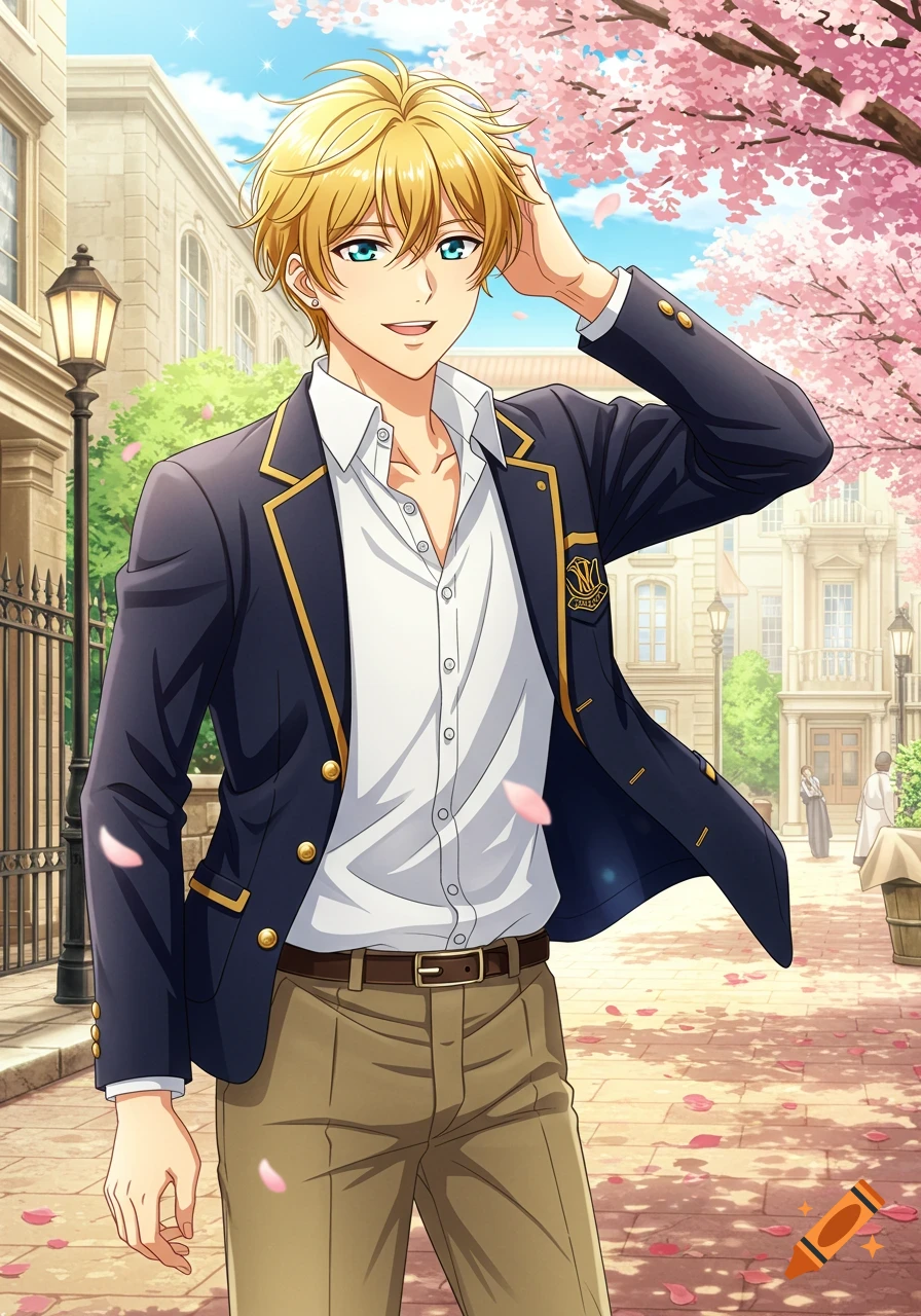 An anime boy with blonde hair and blue eyes, dressed in a preppy navy blazer and khaki pants, smiles in a sunny spring setting with cherry blossoms.