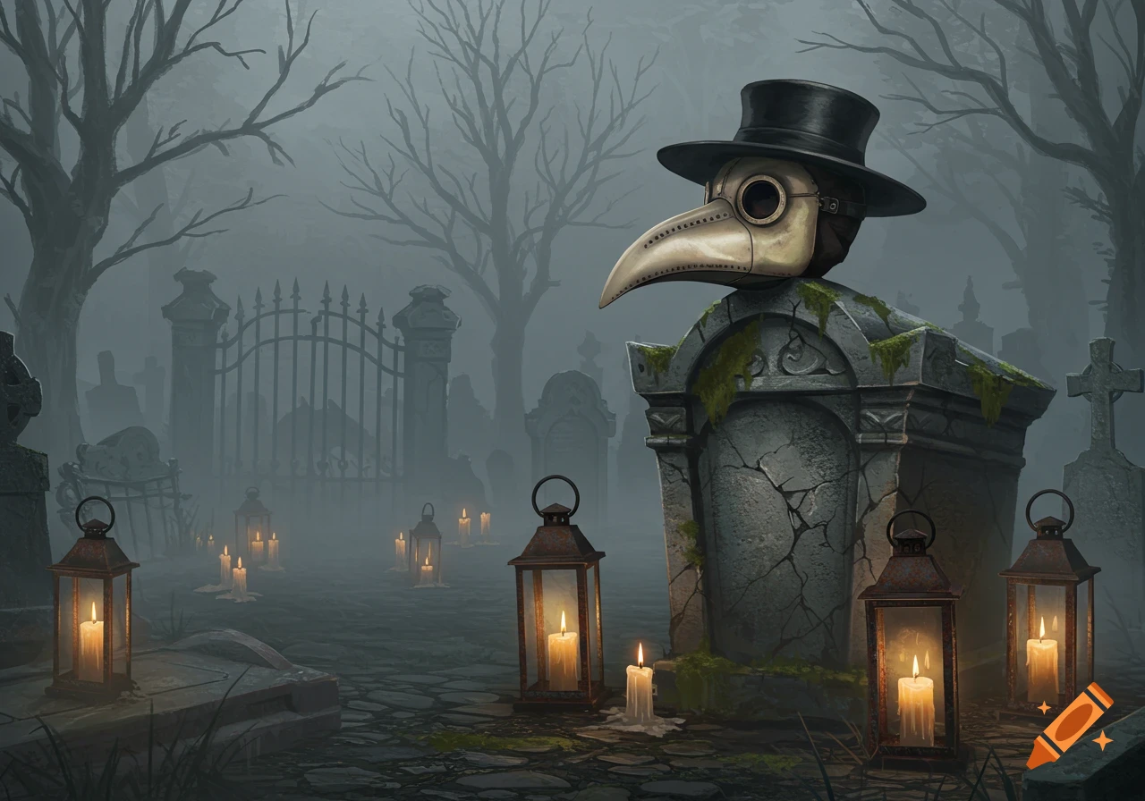 Plague doctor mask sits atop a mossy tombstone in a foggy, lantern-lit cemetery with bare trees.