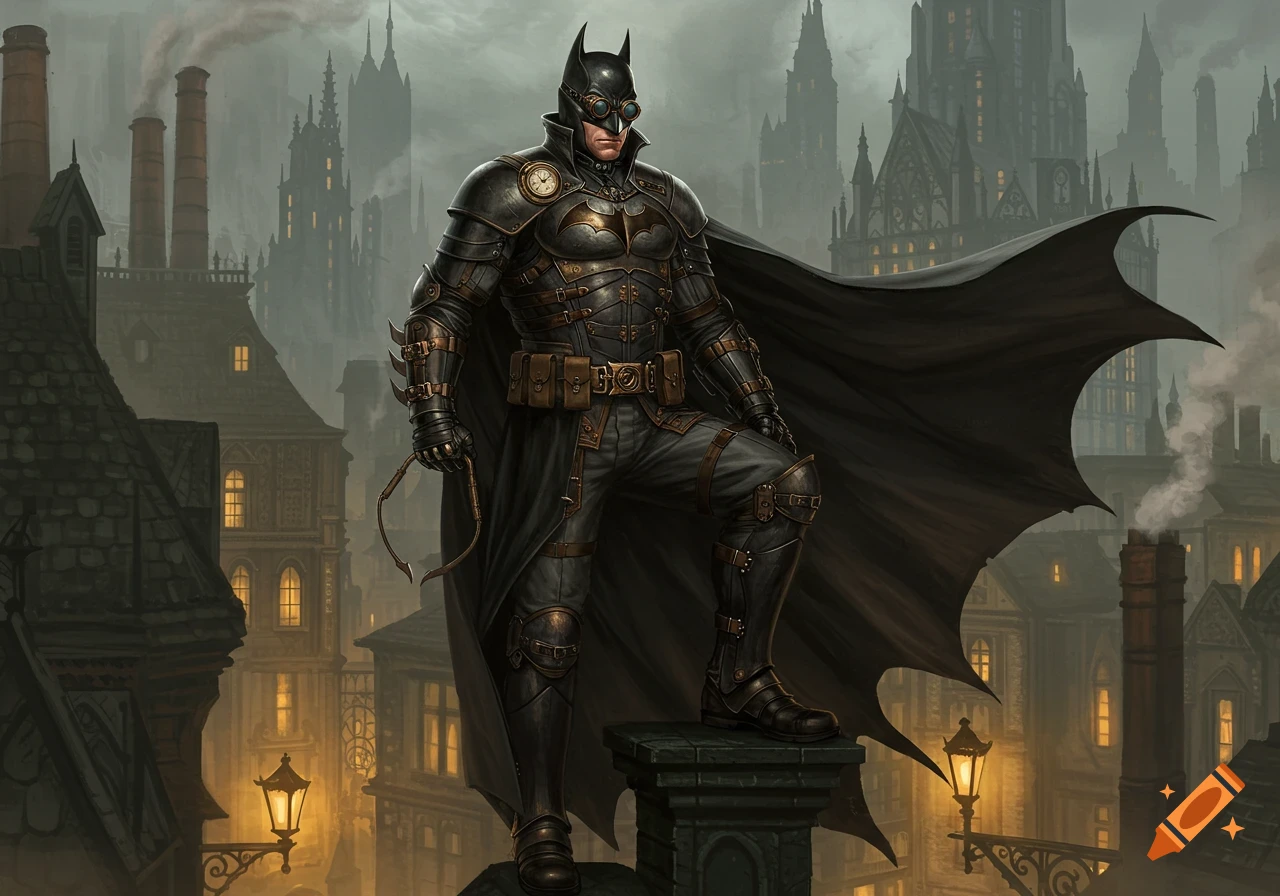 A steampunk Victorian Batman in dark armor and goggles stands on a gothic rooftop overlooking a foggy, gaslamp-lit city.