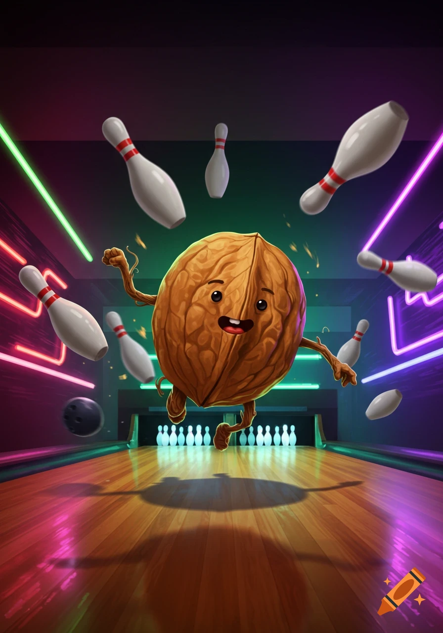 A joyful cartoon walnut leaps in a neon-lit bowling alley as pins fly, celebrating a strike. Illustrated style.