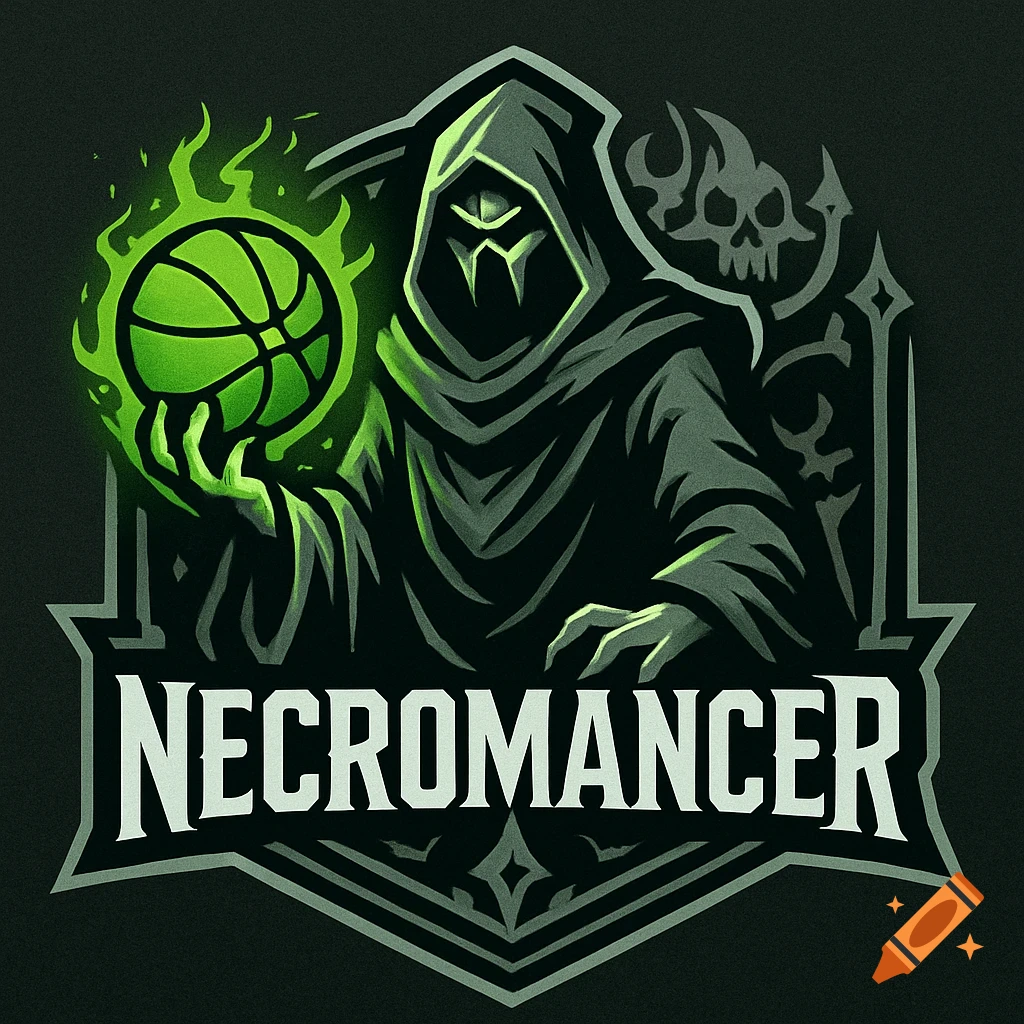 A stylized esports logo features a hooded necromancer holding a glowing green basketball, with the word "NECROMANCER" below.