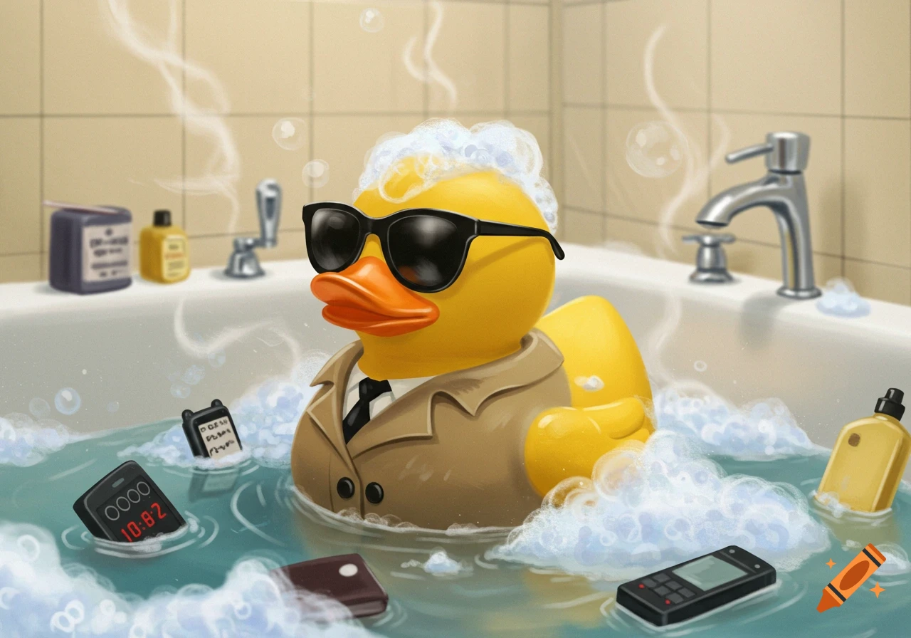 An illustration of a rubber duck wearing a trench coat and sunglasses in a bubble bath with phones floating around.