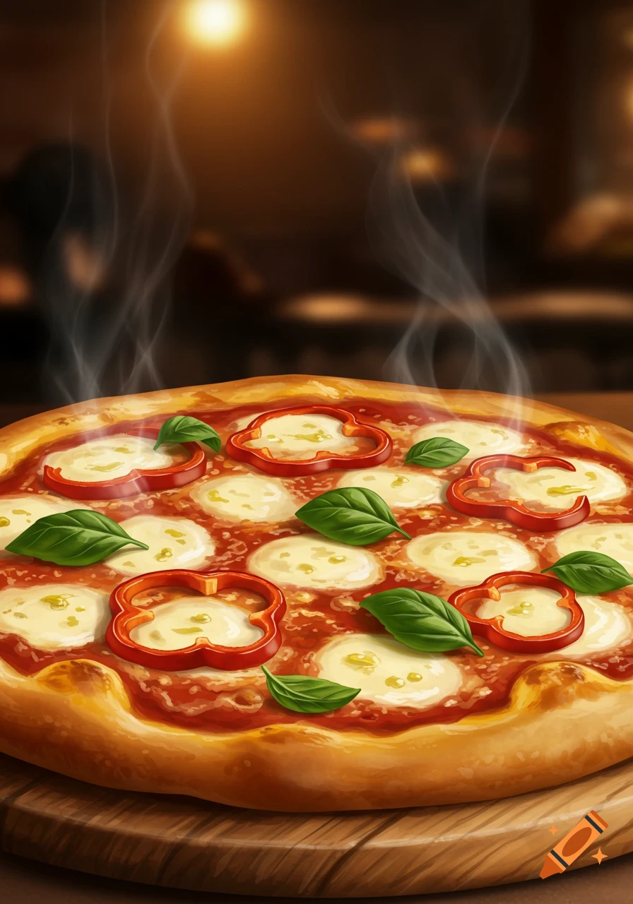 A steaming pizza with red bell peppers, mozzarella, and basil leaves on a wooden board, with a blurred warm restaurant background.