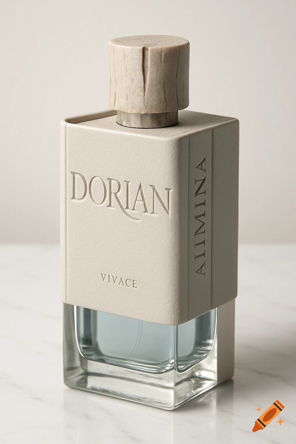 A photorealistic, hyper-detailed image of a luxury perfume bottle with a pale grey, book-like casing, a textured beige wood cap, and light blue liquid inside, standing on a white marble surface.