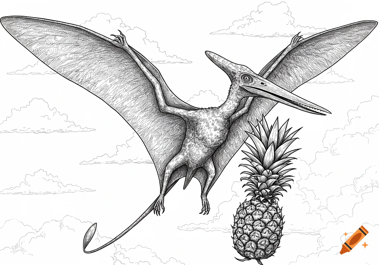 Black and white line drawing of a pteranodon flying in the sky next to a pineapple, in a coloring page style.