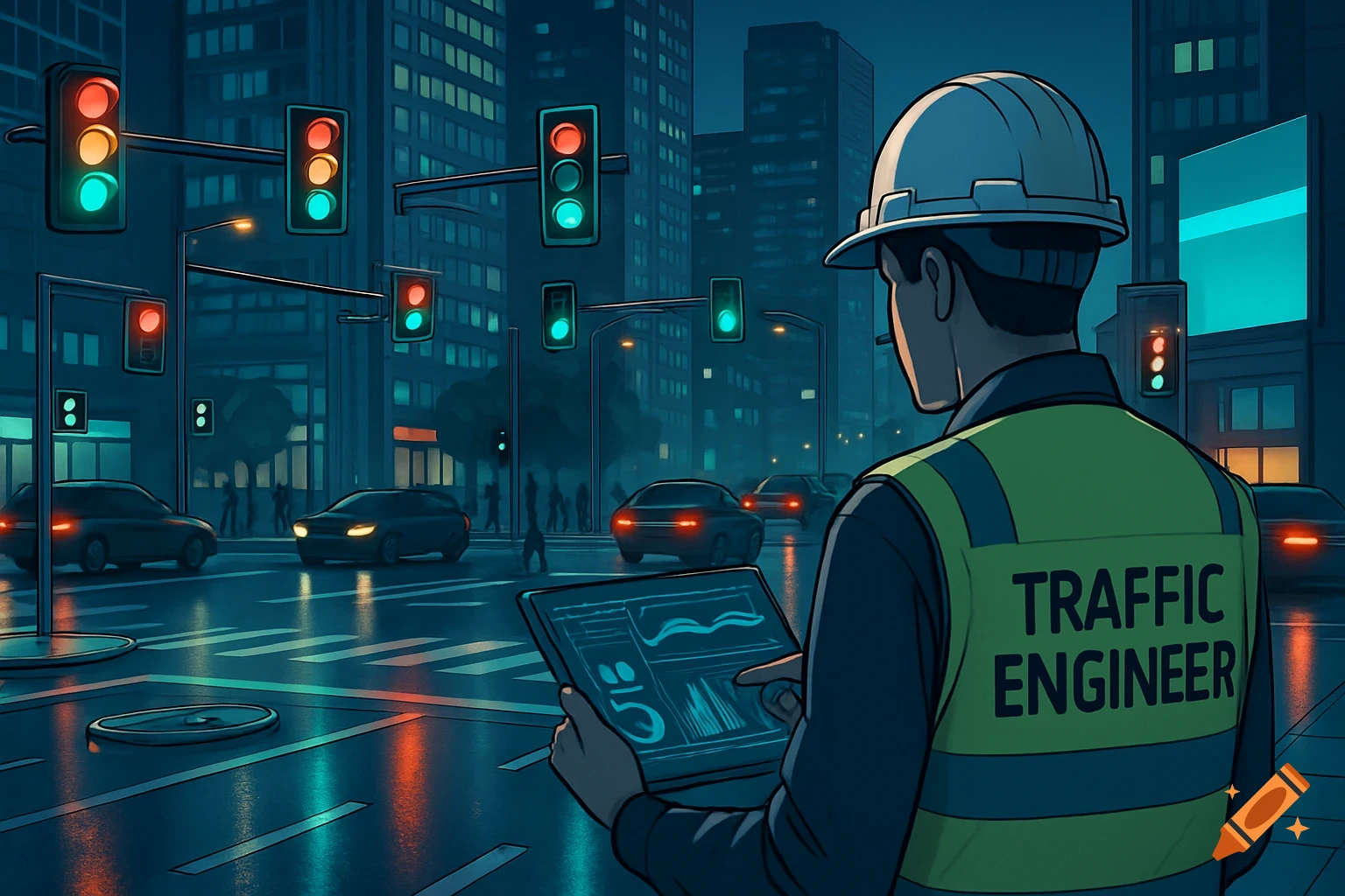 A traffic engineer in a hard hat and reflective vest looks at a tablet on a city street at night with traffic lights.