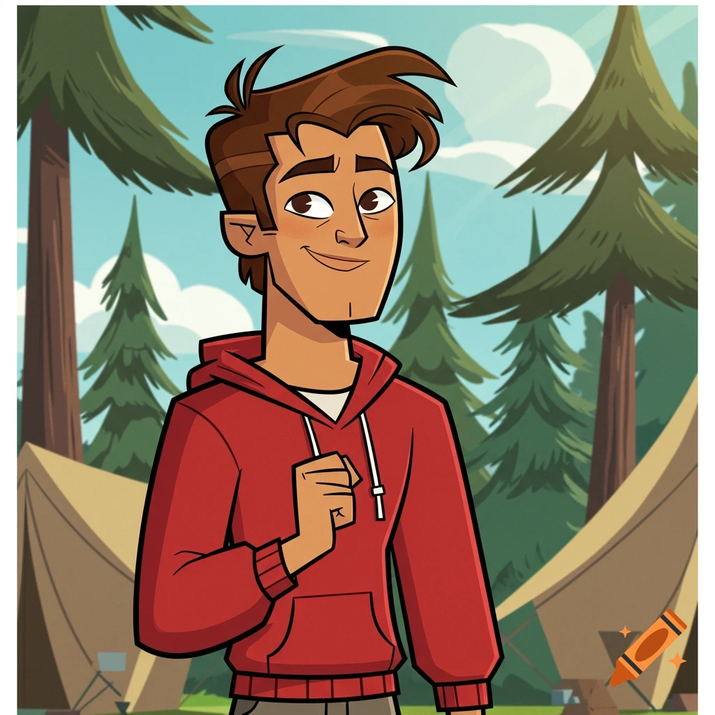 Total Drama style cartoon man with brown hair and tan skin in a red hoodie, smiling in a camp with pine trees and tents.