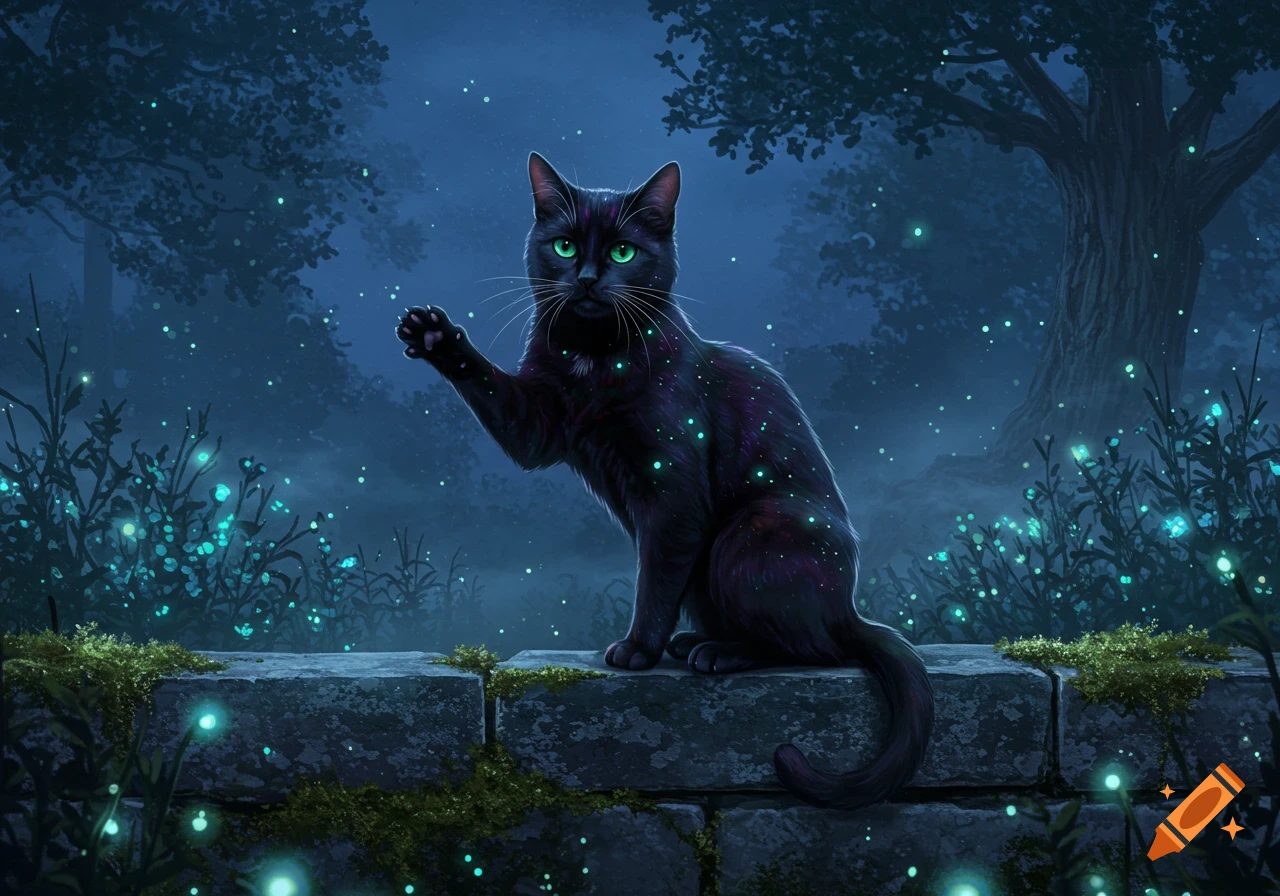 A black cat with green eyes and a raised paw sits on a mossy stone wall in a dark, mystical forest with glowing blue lights.