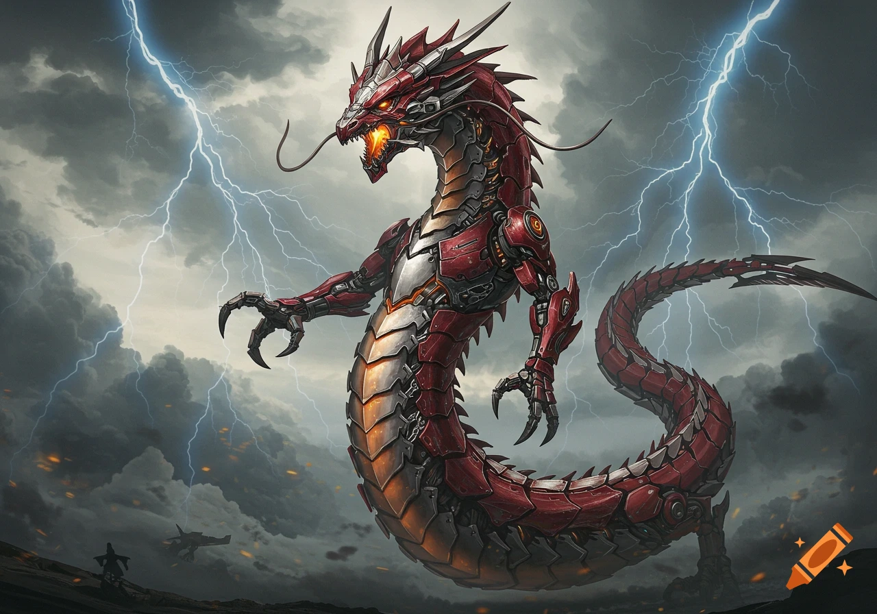 A detailed red and silver biomechanical dragon with glowing eyes and mouth stands against a stormy sky with lightning.