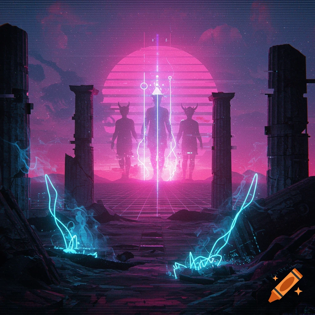 Three glowing figures, two horned, in a retro synthwave dystopian landscape with ancient ruins, a pink sun, and neon blue energy.
