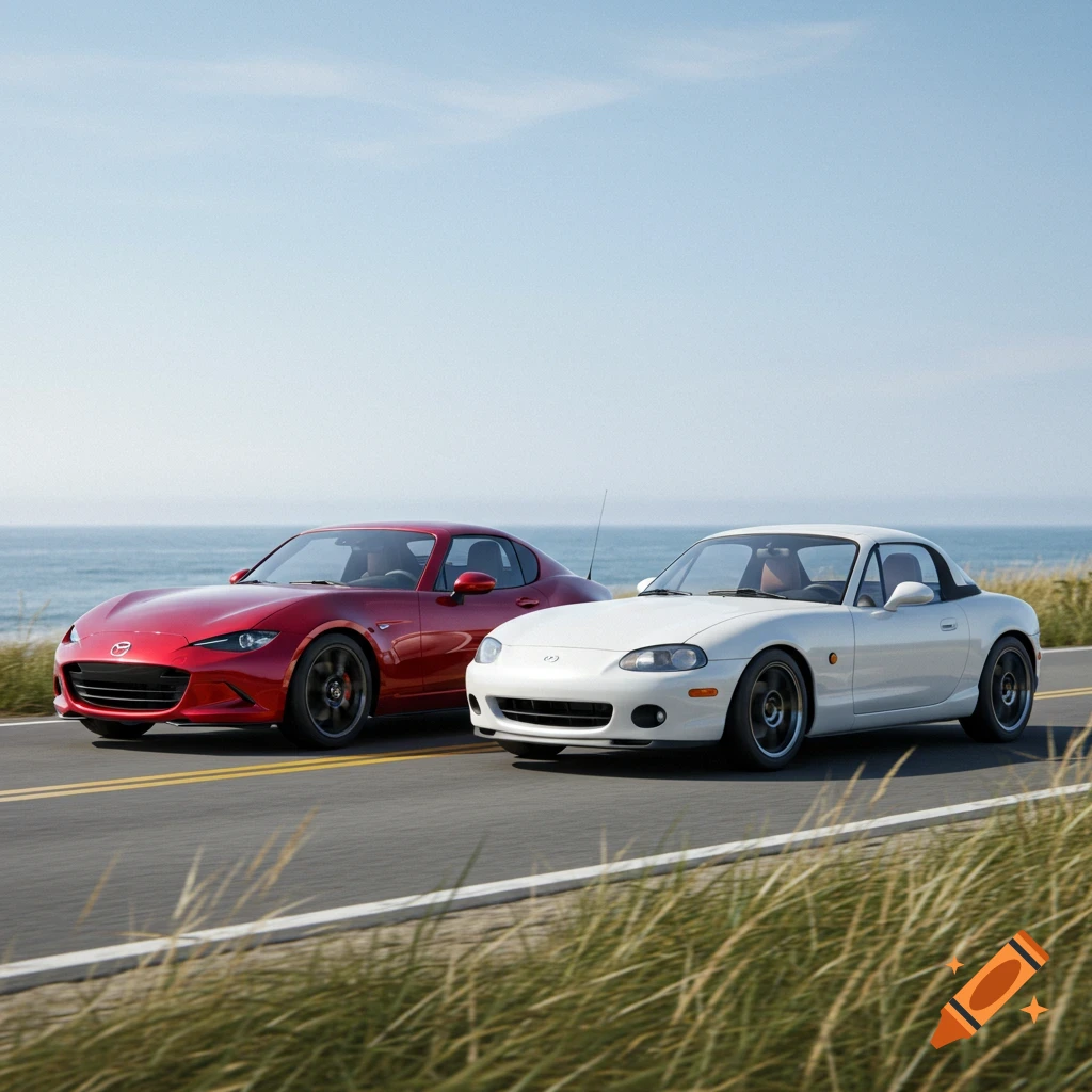 A red Mazda Miata ND and a white Mazda Miata NA drive on a coastal road next to the ocean under a clear sky.