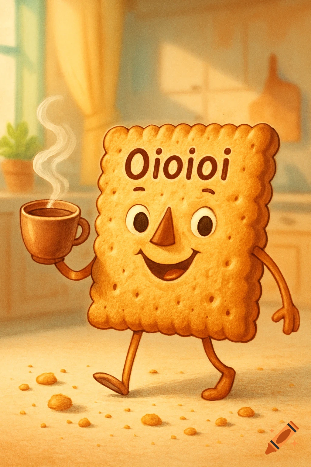 A cheerful cartoon cracker character with 'Oioioi' on its chest, holding a steaming cup, walks across a kitchen floor with crumbs.