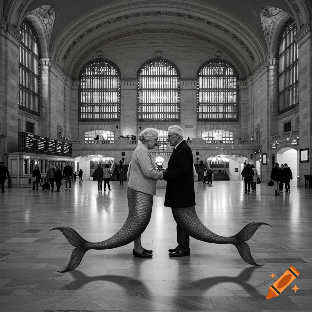 An elderly couple with mermaid tails stand holding hands in a black and white photorealistic image of Grand Central Station.