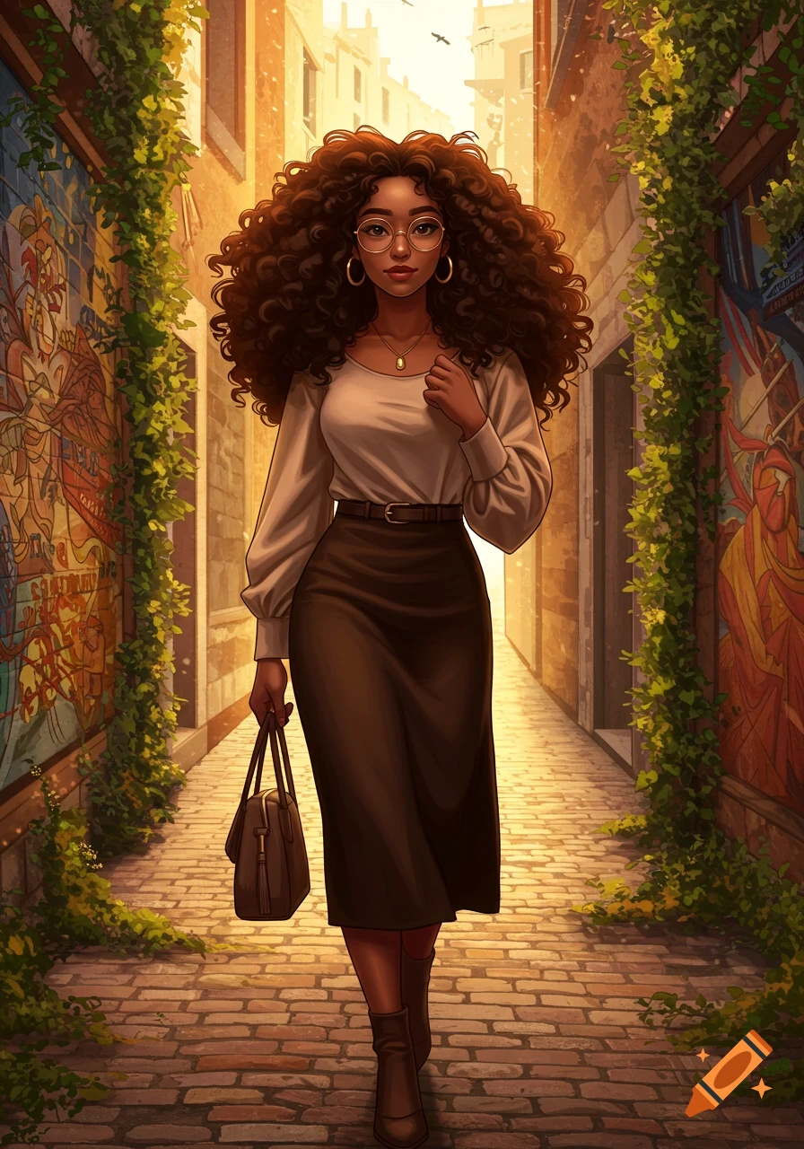 An illustrated woman with voluminous curly brown hair and glasses walks down a sunny, vine-covered alleyway with murals on the walls.