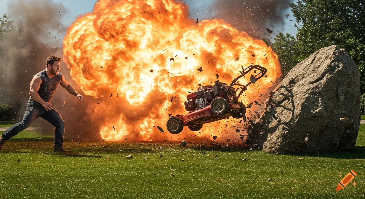A man reacts to his lawnmower exploding dramatically into a fiery plume and debris next to a large rock on a sunny green lawn.