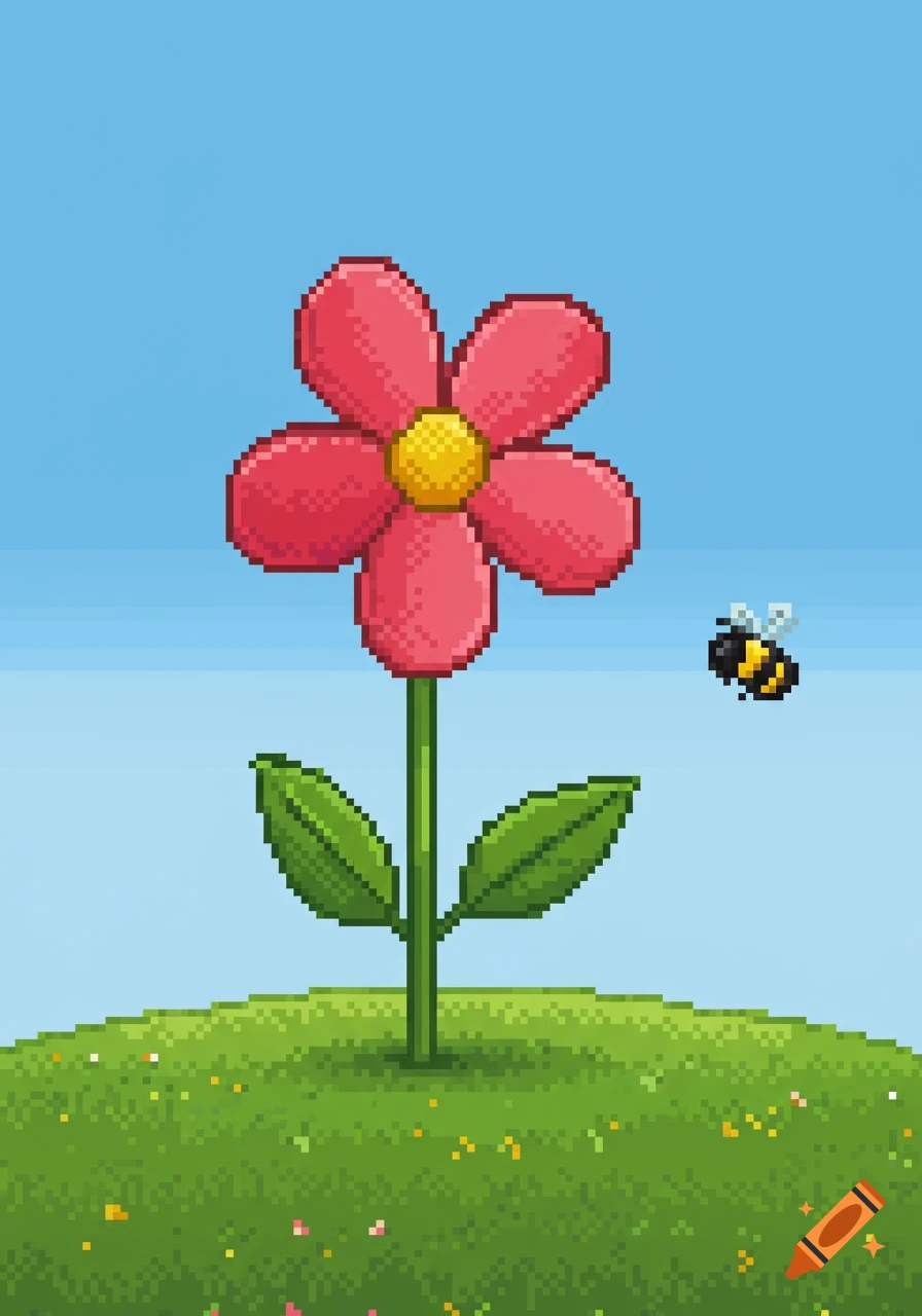 Pixel art of a pink flower with five petals on a green hill, with a bee flying by under a blue sky.