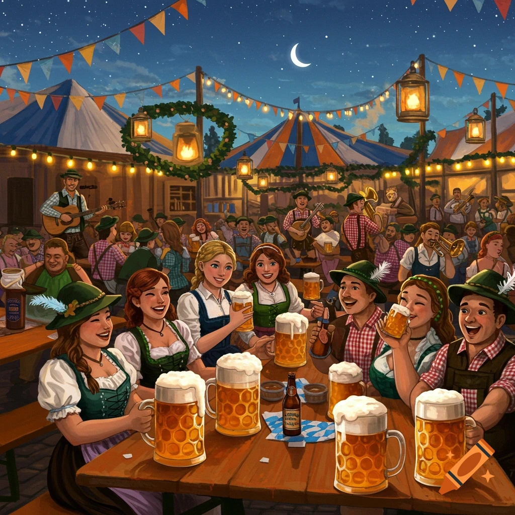 A vibrant cartoon illustration of a lively Oktoberfest celebration at night, with many people in traditional Bavarian attire enjoying large mugs of beer under festive lights and tents. A crescent moon hangs in the starry sky.