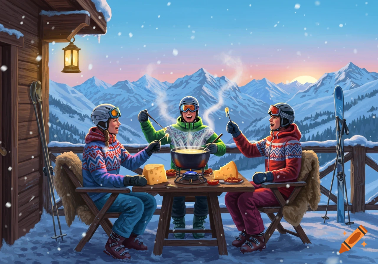 Digital painting of three happy skiers enjoying fondue on a snowy chalet porch with vast mountains at sunset.