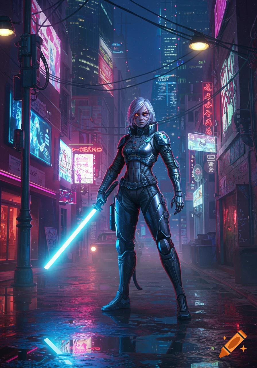 A cyberpunk soldier with white hair and glowing red eyes stands with a blue lightsaber in a neon-lit city street.