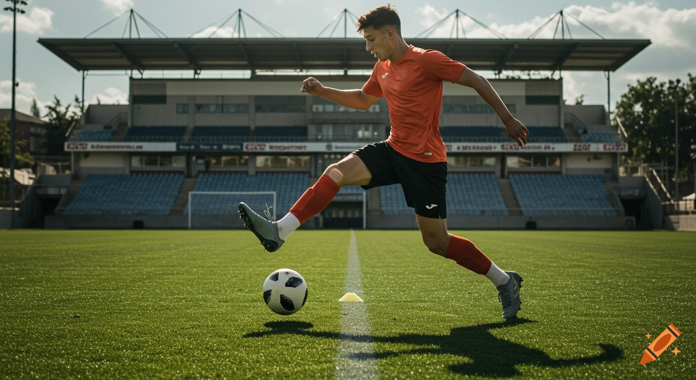 Photorealistic image of a young soccer player in an orange shirt and black shorts, kicking a ball on a green grass field in a stadium.