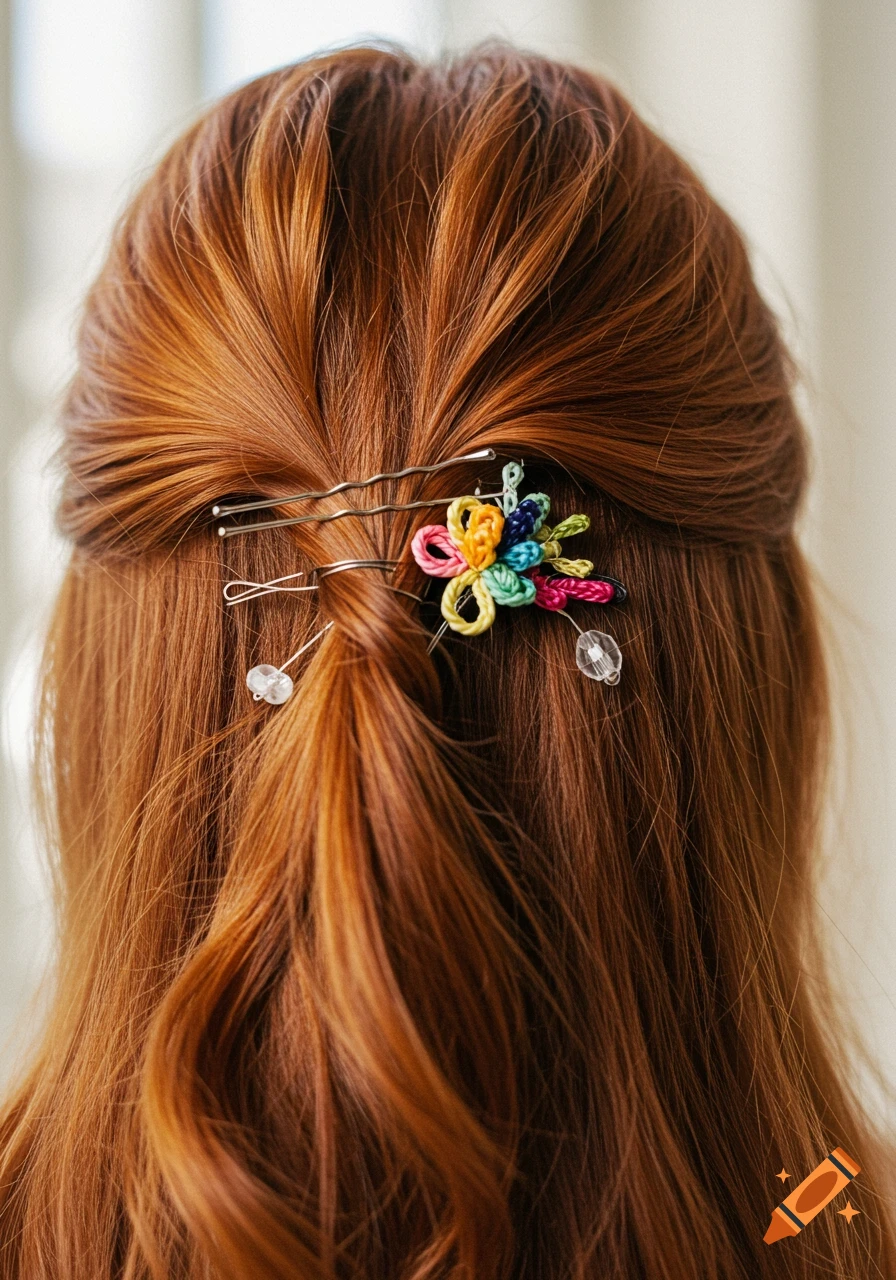 Close-up of the back of a head with reddish-brown hair in a half-updo, adorned with colorful knitted flower hairpins and clear beaded pins.