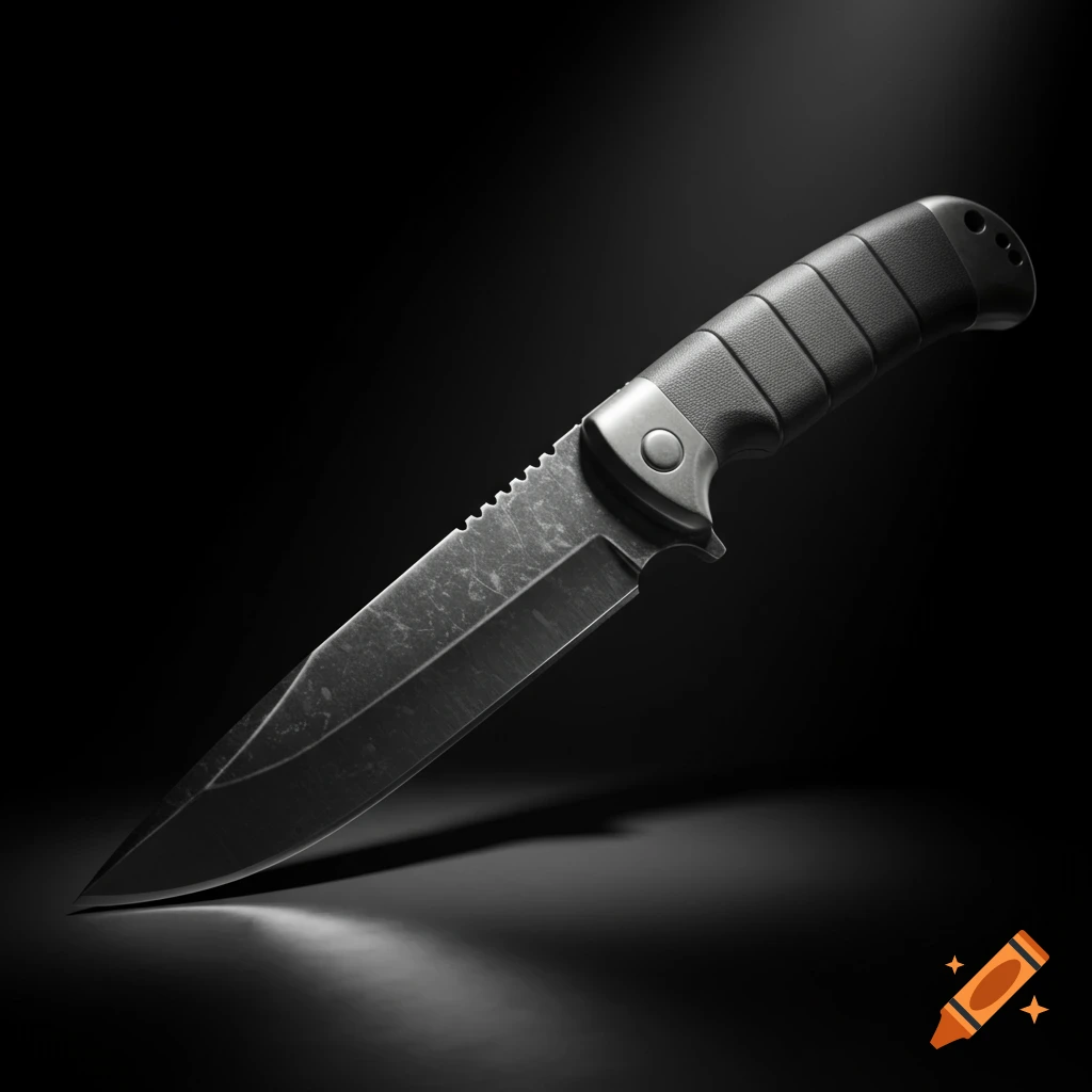 Photorealistic close-up of a tactical combat knife with a serrated blade and textured handle on a black background.