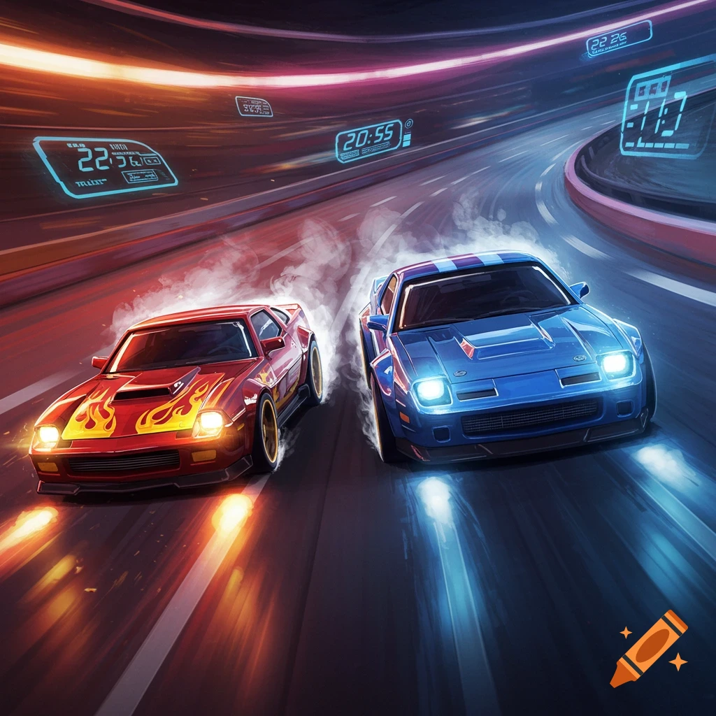 Two vibrant, stylized race cars speed head-to-head on a futuristic track with glowing digital displays.