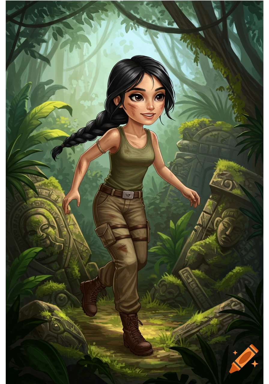 A cute cartoon adventurer with a long black braid runs through an ancient jungle ruin, looking hopeful.