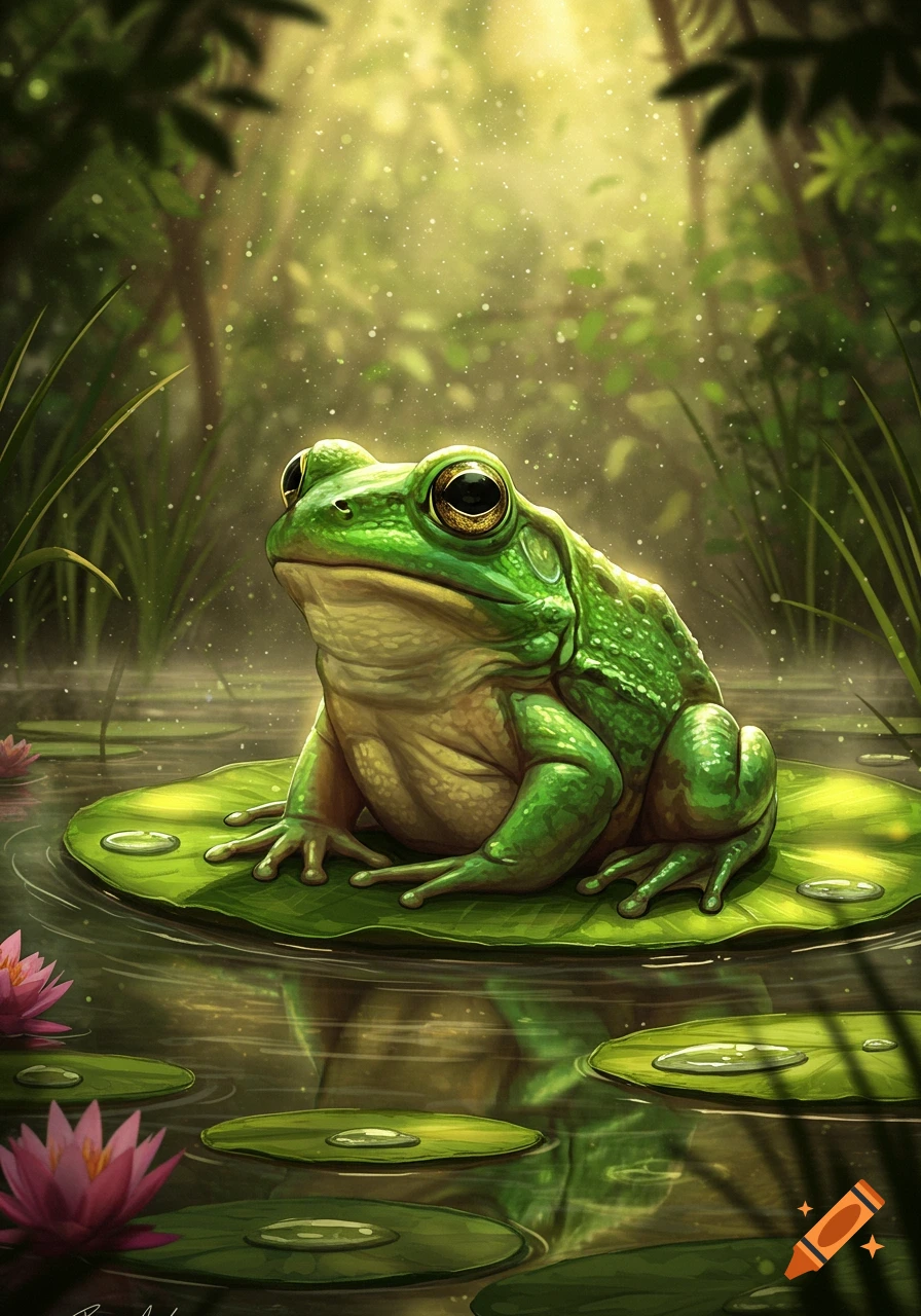 Vibrant illustration of a plump green frog on a lily pad in a sun-dappled pond with pink water lilies.