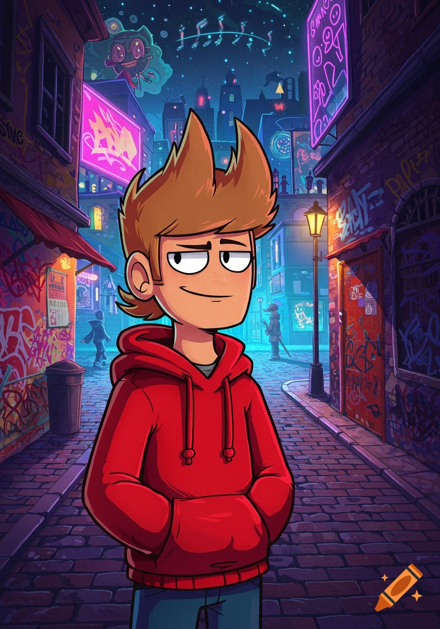 A cartoon character with spiky brown hair and a red hoodie stands in a neon-lit, graffiti-covered urban alley at night.
